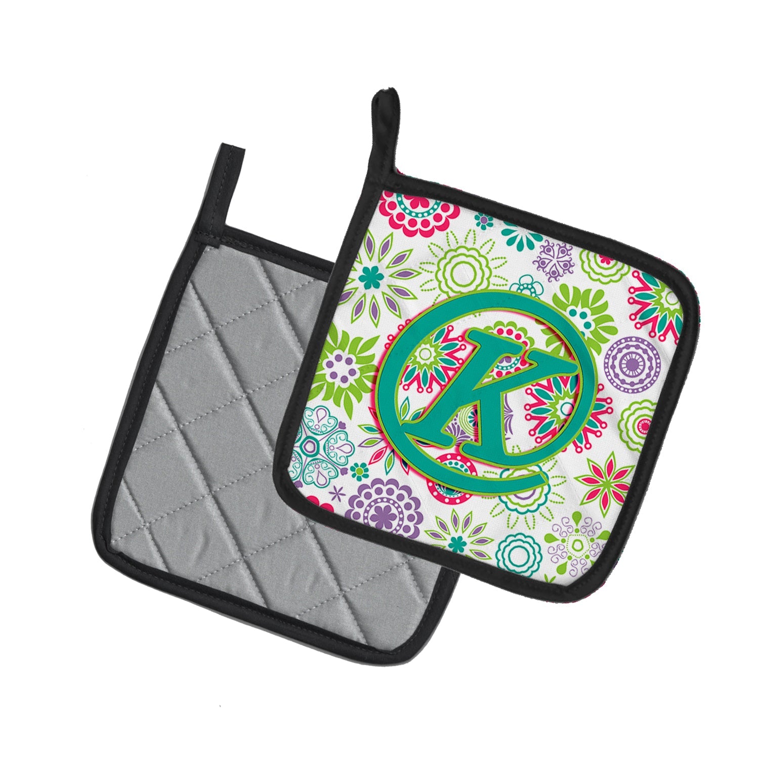 Letter K Flowers Pink Teal Green Initial Pot Holder Set of 2 Heat Resistant Quilted Hot Pads 7.5 x 7.5 Inch, Insulated Kitchen Trivets for Cooking & Baking