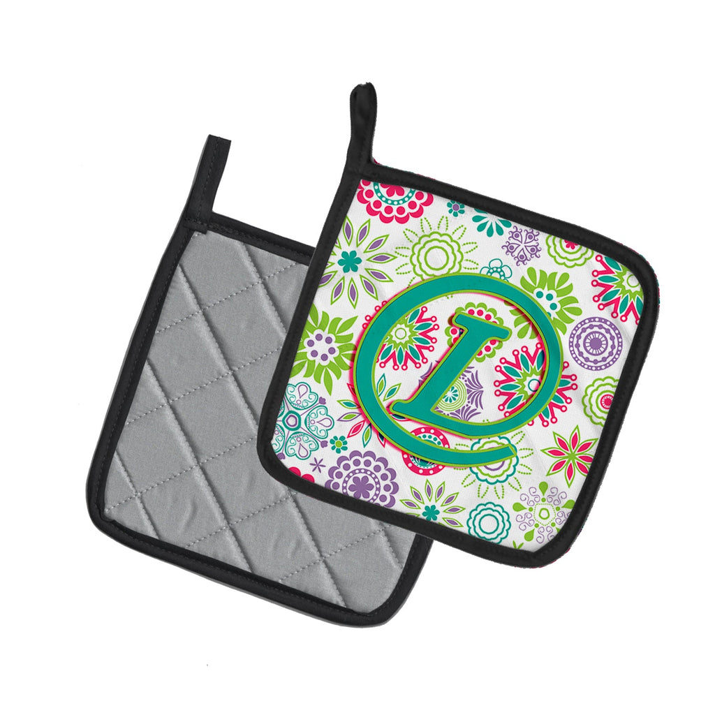 Letter L Flowers Pink Teal Green Initial Pot Holder Set of 2 Heat Resistant Quilted Hot Pads 7.5 x 7.5 Inch, Insulated Kitchen Trivets for Cooking & Baking