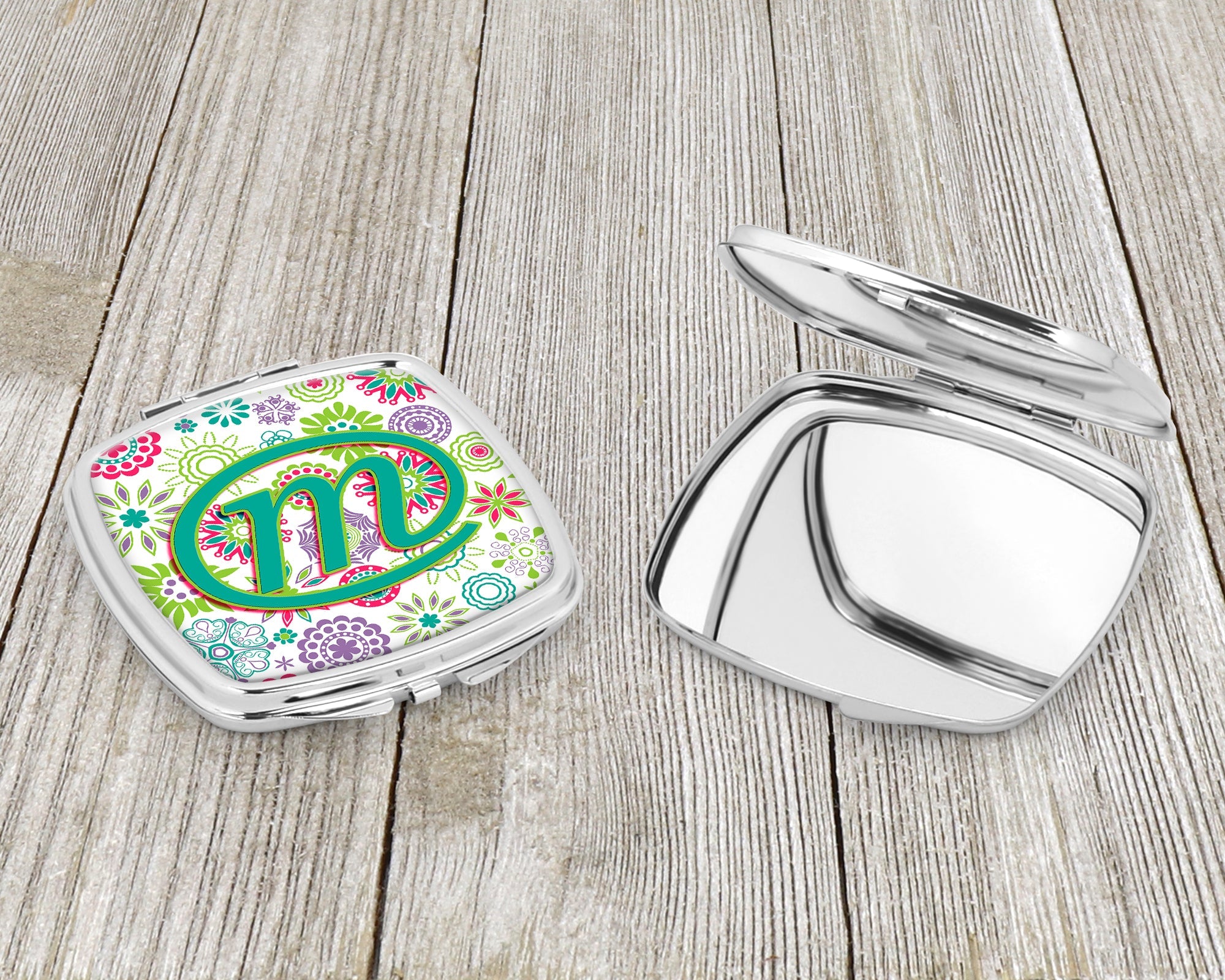 Letter M Flowers Pink Teal Green Initial Compact Mirror Decorative Travel Makeup Mirror for Women Girls Gifts Pocket Makeup Mirror Folding Handheld