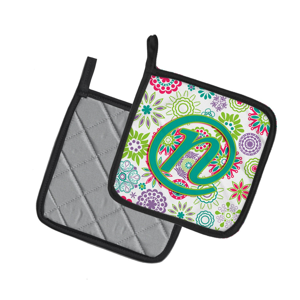 Letter N Flowers Pink Teal Green Initial Pot Holder Set of 2 Heat Resistant Quilted Hot Pads 7.5 x 7.5 Inch, Insulated Kitchen Trivets for Cooking & Baking