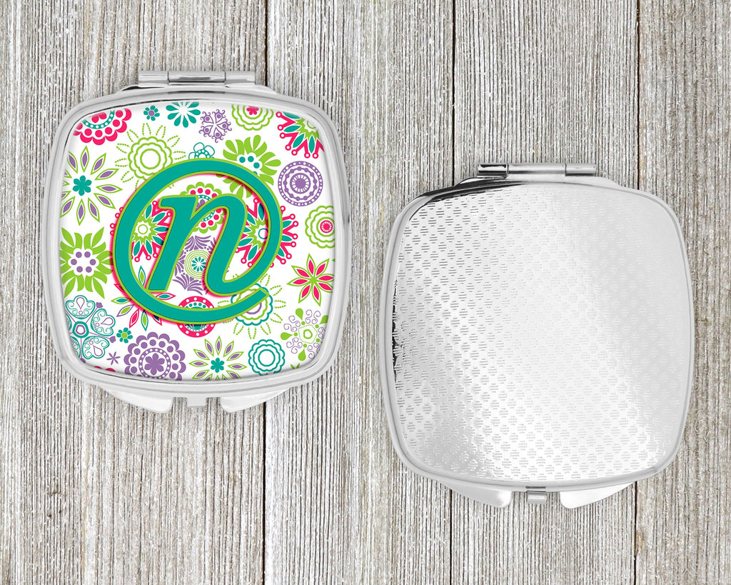 Letter N Flowers Pink Teal Green Initial Compact Mirror Decorative Travel Makeup Mirror for Women Girls Gifts Pocket Makeup Mirror Folding Handheld