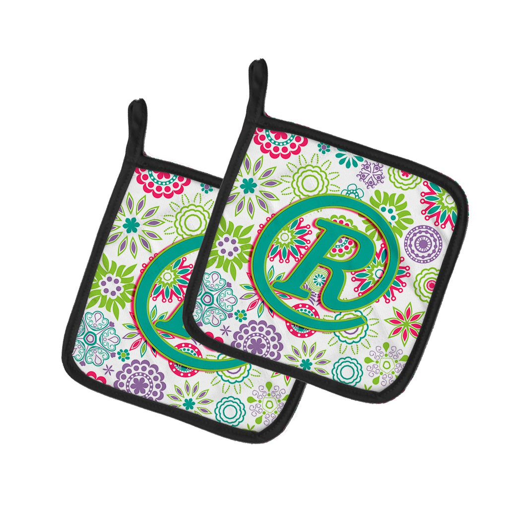 Letter R Flowers Pink Teal Green Initial Pot Holder Set of 2 Heat Resistant Quilted Hot Pads 7.5 x 7.5 Inch, Insulated Kitchen Trivets for Cooking & Baking