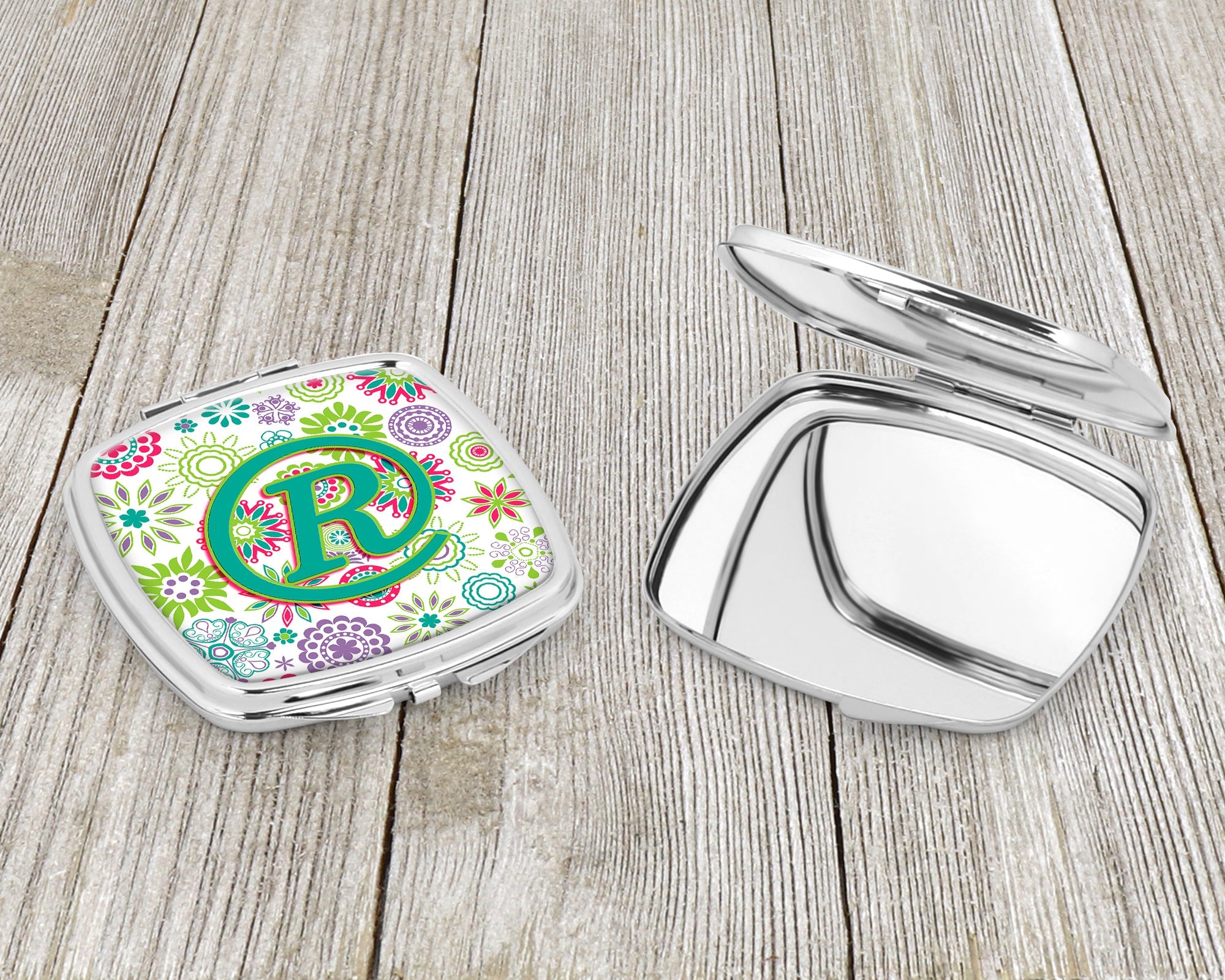 Letter R Flowers Pink Teal Green Initial Compact Mirror Decorative Travel Makeup Mirror for Women Girls Gifts Pocket Makeup Mirror Folding Handheld