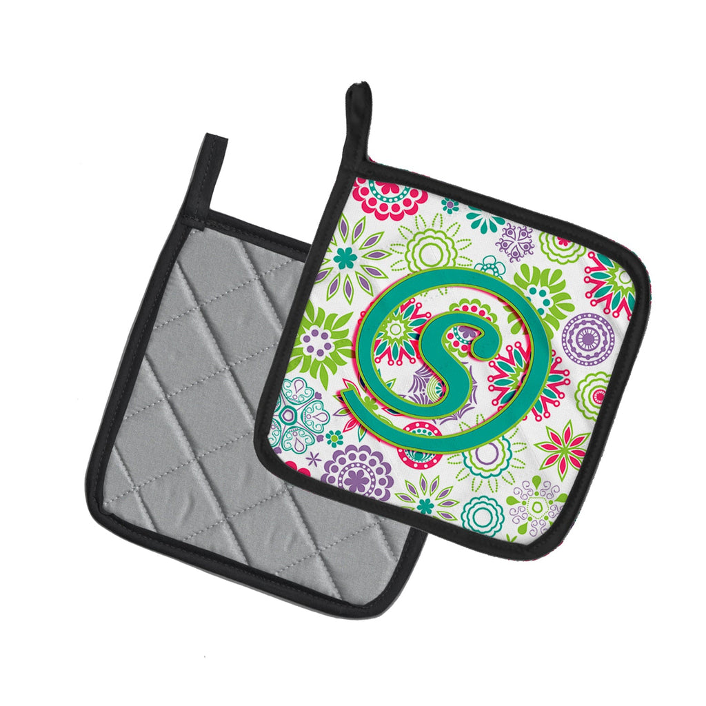 Letter S Flowers Pink Teal Green Initial Pot Holder Set of 2 Heat Resistant Quilted Hot Pads 7.5 x 7.5 Inch, Insulated Kitchen Trivets for Cooking & Baking