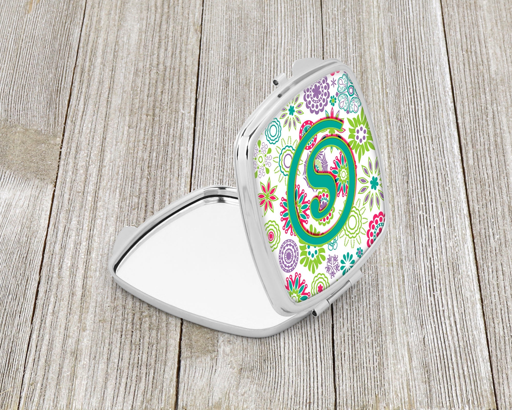 Letter S Flowers Pink Teal Green Initial Compact Mirror Decorative Travel Makeup Mirror for Women Girls Gifts Pocket Makeup Mirror Folding Handheld