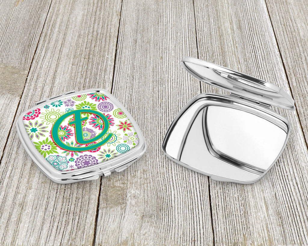 Letter T Flowers Pink Teal Green Initial Compact Mirror Decorative Travel Makeup Mirror for Women Girls Gifts Pocket Makeup Mirror Folding Handheld