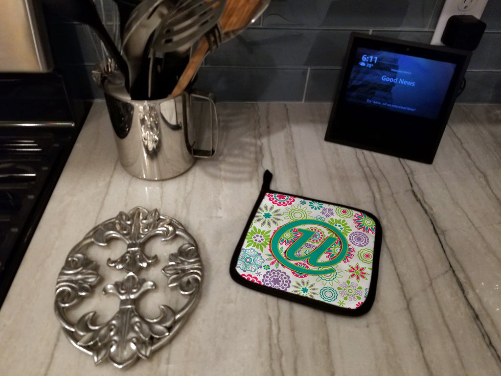 Letter U Flowers Pink Teal Green Initial Pot Holder Set of 2 Heat Resistant Quilted Hot Pads 7.5 x 7.5 Inch, Insulated Kitchen Trivets for Cooking & Baking