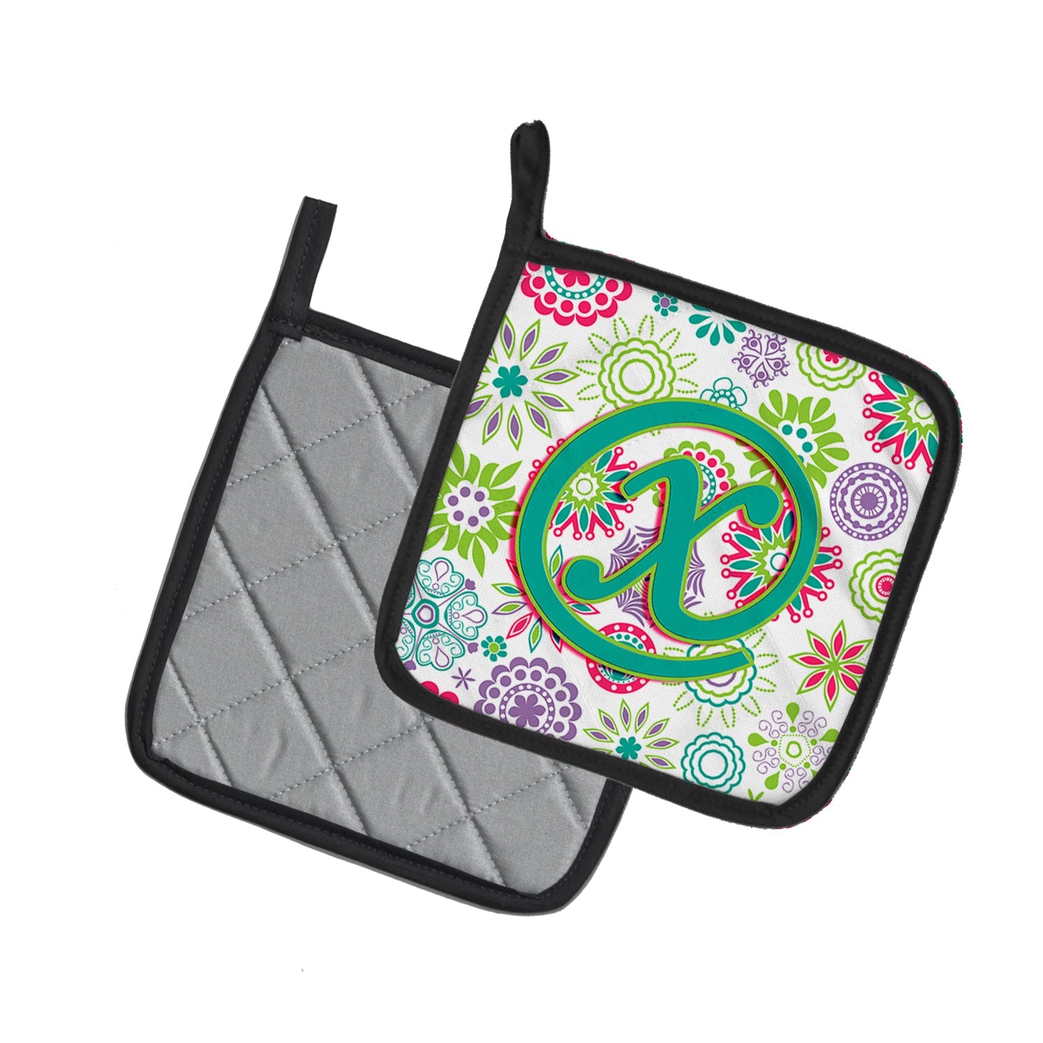 Letter X Flowers Pink Teal Green Initial Pot Holder Set of 2 Heat Resistant Quilted Hot Pads 7.5 x 7.5 Inch, Insulated Kitchen Trivets for Cooking & Baking