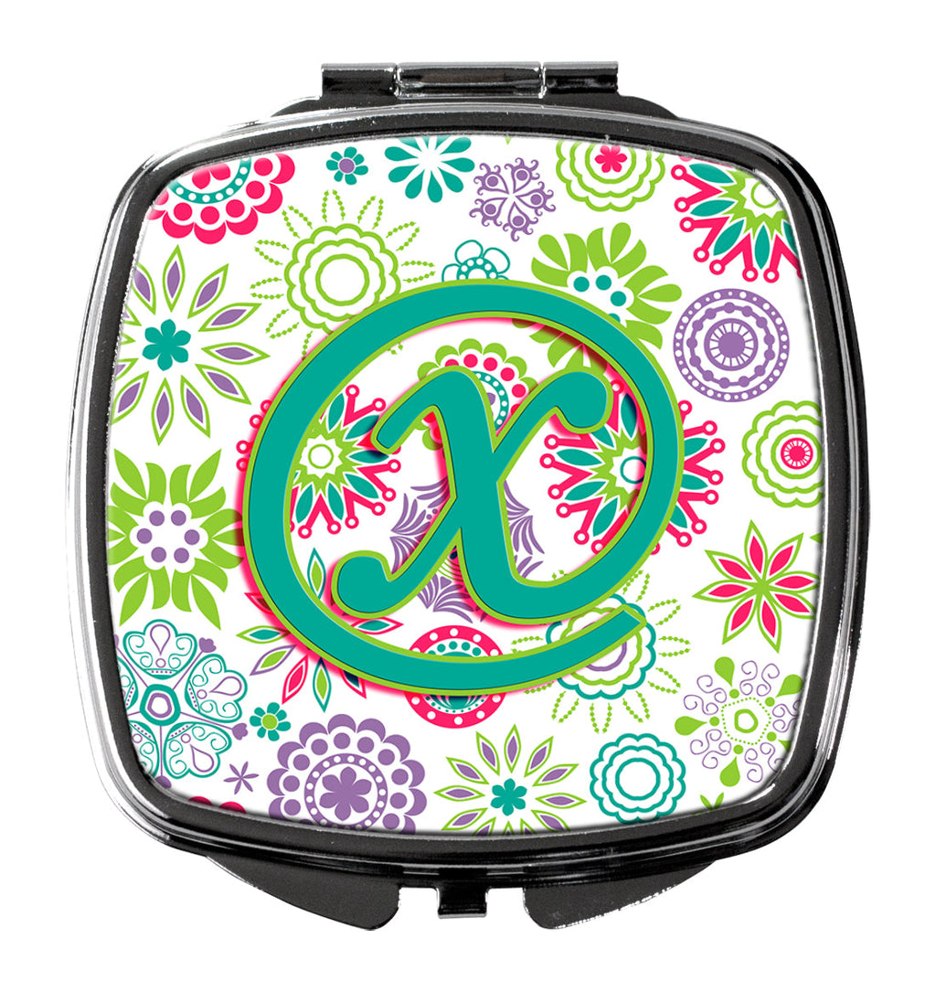 Letter X Flowers Pink Teal Green Initial Compact Mirror Decorative Travel Makeup Mirror for Women Girls Gifts Pocket Makeup Mirror Folding Handheld