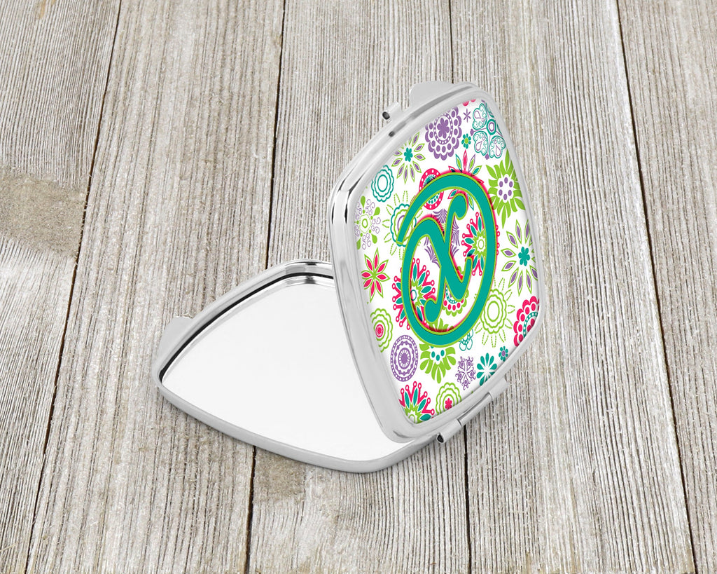Letter X Flowers Pink Teal Green Initial Compact Mirror Decorative Travel Makeup Mirror for Women Girls Gifts Pocket Makeup Mirror Folding Handheld