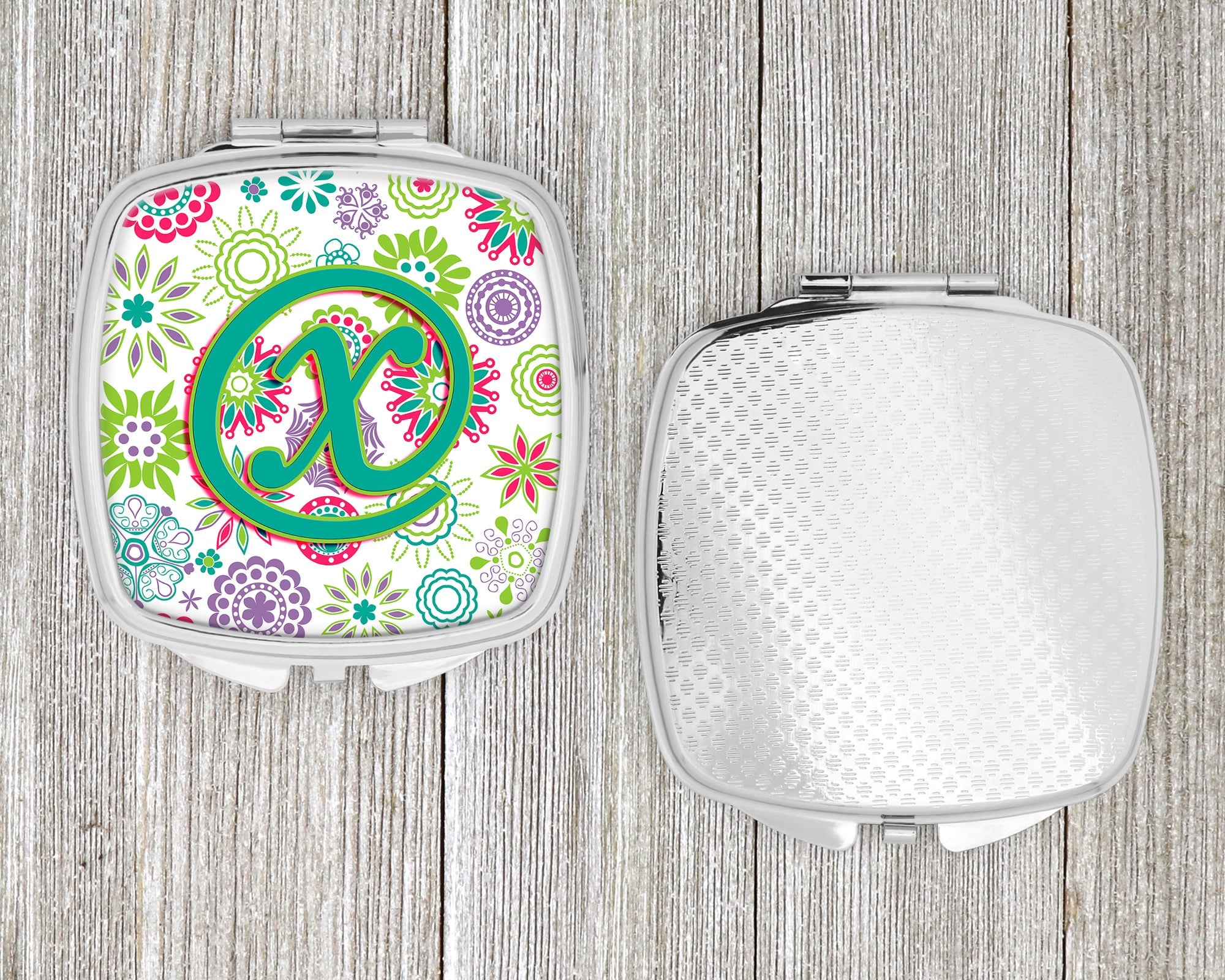 Letter X Flowers Pink Teal Green Initial Compact Mirror Decorative Travel Makeup Mirror for Women Girls Gifts Pocket Makeup Mirror Folding Handheld