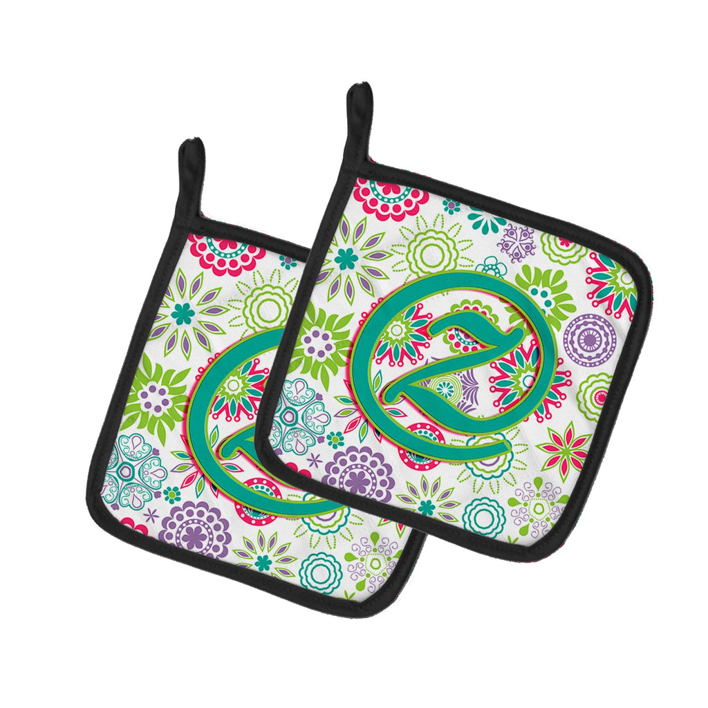 Letter Z Flowers Pink Teal Green Initial Pot Holder Set of 2 Heat Resistant Quilted Hot Pads 7.5 x 7.5 Inch, Insulated Kitchen Trivets for Cooking & Baking