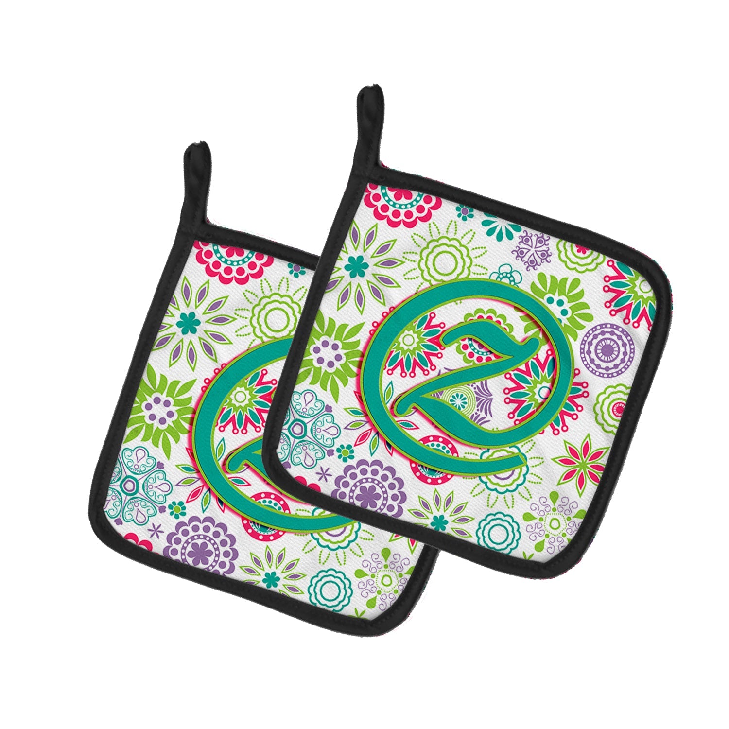 Letter Z Flowers Pink Teal Green Initial Pot Holder Set of 2 Heat Resistant Quilted Hot Pads 7.5 x 7.5 Inch, Insulated Kitchen Trivets for Cooking & Baking