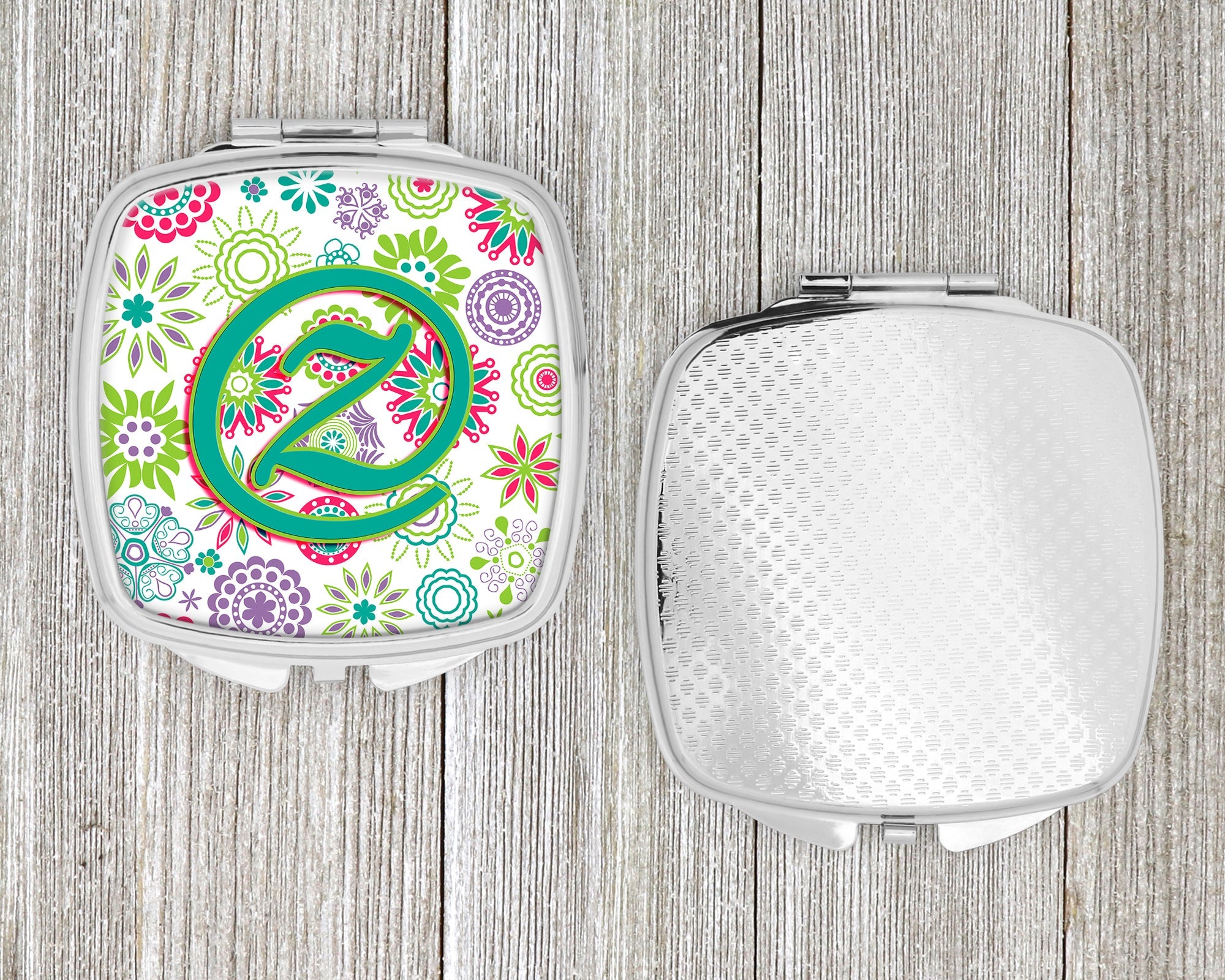 Letter Z Flowers Pink Teal Green Initial Compact Mirror Decorative Travel Makeup Mirror for Women Girls Gifts Pocket Makeup Mirror Folding Handheld