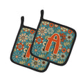 Letter A Flowers Retro Blue Pot Holder Set of 2 Heat Resistant Quilted Hot Pads 7.5 x 7.5 Inch, Insulated Kitchen Trivets for Cooking & Baking