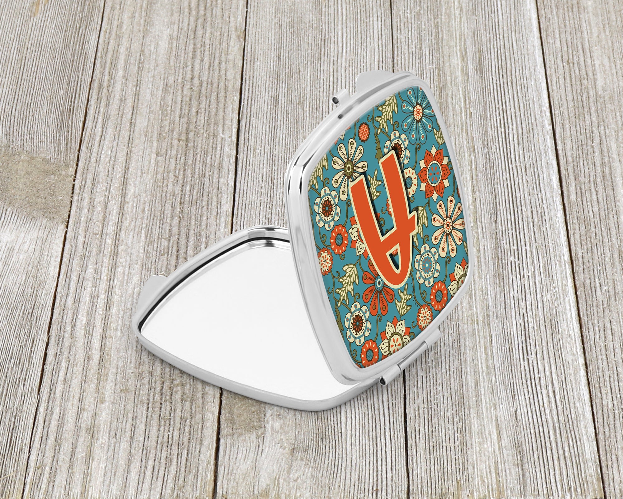 Letter A Flowers Retro Blue Compact Mirror Decorative Travel Makeup Mirror for Women Girls Gifts Pocket Makeup Mirror Folding Handheld