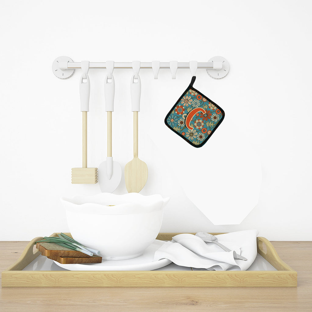 Letter C Flowers Retro Blue Pot Holder Set of 2 Heat Resistant Quilted Hot Pads 7.5 x 7.5 Inch, Insulated Kitchen Trivets for Cooking & Baking