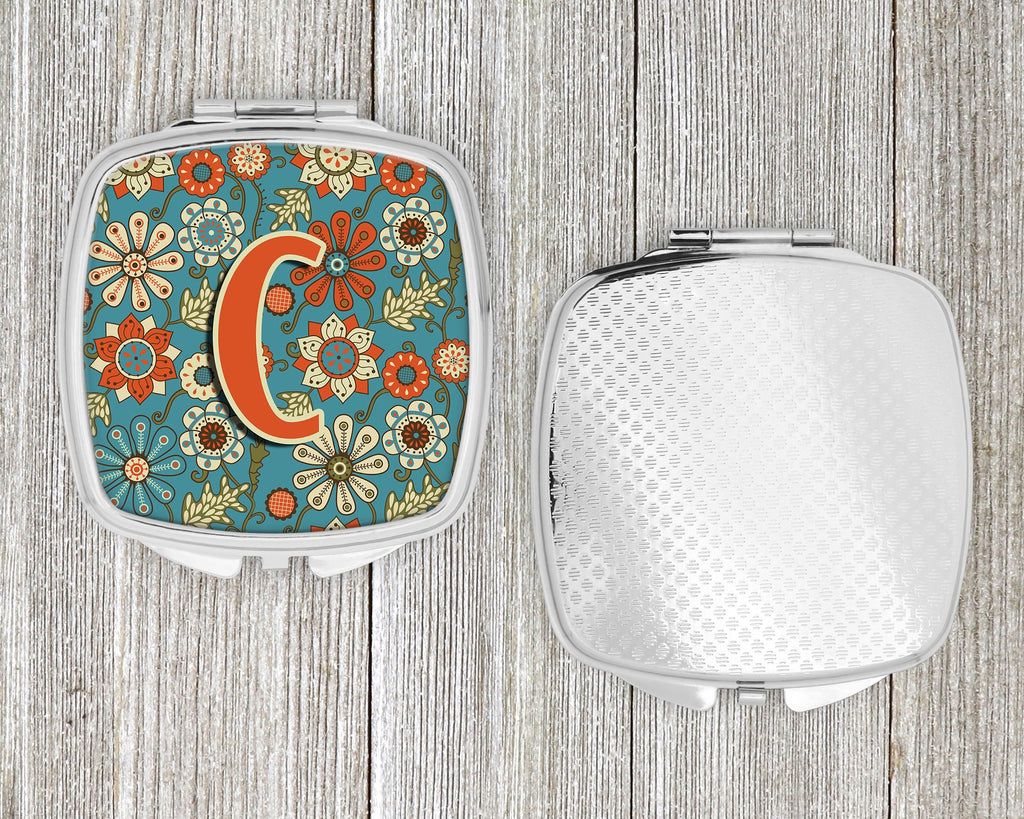Letter C Flowers Retro Blue Compact Mirror Decorative Travel Makeup Mirror for Women Girls Gifts Pocket Makeup Mirror Folding Handheld