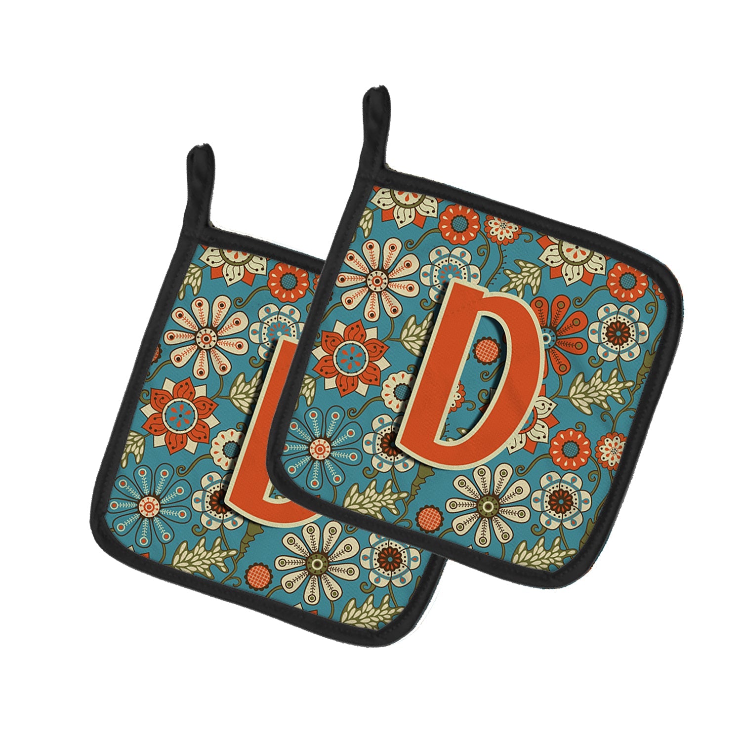 Letter D Flowers Retro Blue Pot Holder Set of 2 Heat Resistant Quilted Hot Pads 7.5 x 7.5 Inch, Insulated Kitchen Trivets for Cooking & Baking