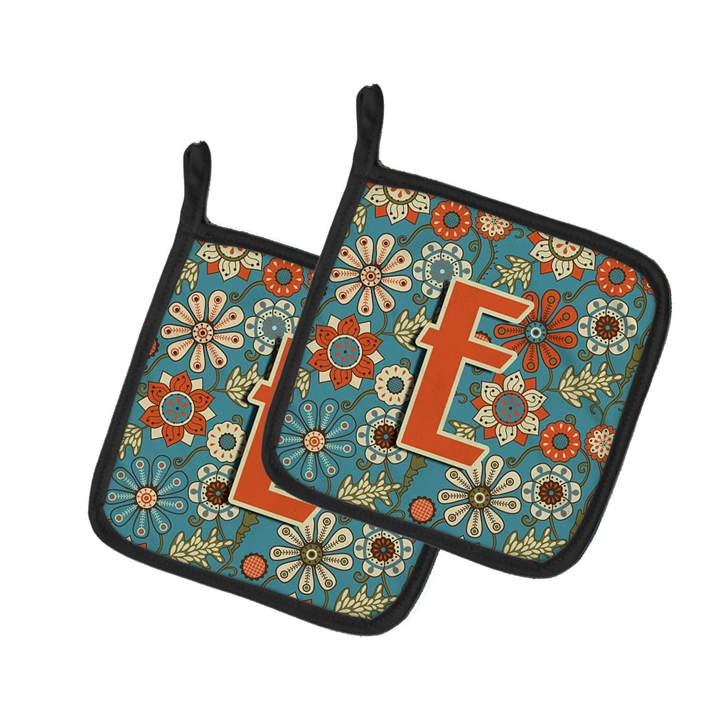 Letter E Flowers Retro Blue Pot Holder Set of 2 Heat Resistant Quilted Hot Pads 7.5 x 7.5 Inch, Insulated Kitchen Trivets for Cooking & Baking
