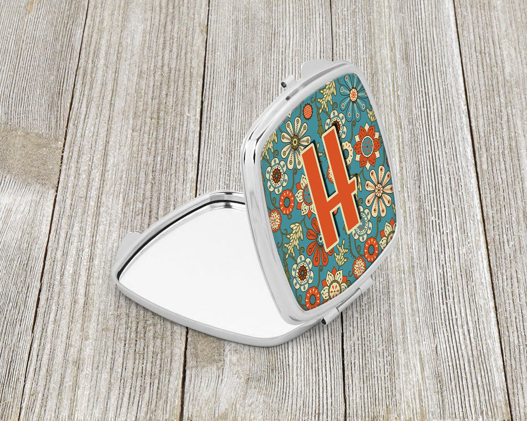 Letter H Flowers Retro Blue Compact Mirror Decorative Travel Makeup Mirror for Women Girls Gifts Pocket Makeup Mirror Folding Handheld