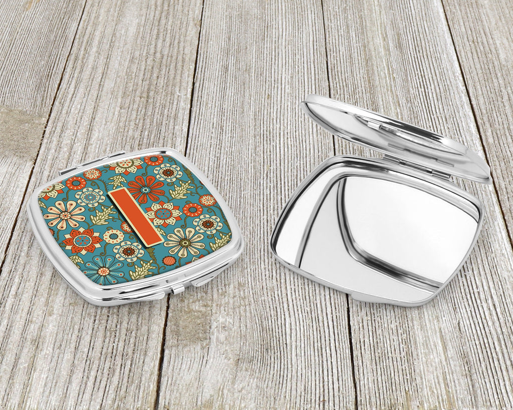 Letter I Flowers Retro Blue Compact Mirror Decorative Travel Makeup Mirror for Women Girls Gifts Pocket Makeup Mirror Folding Handheld