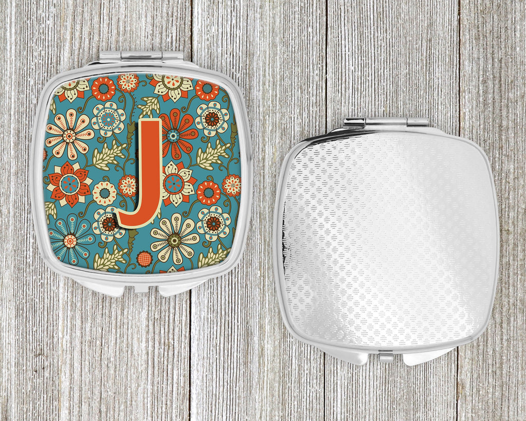 Letter J Flowers Retro Blue Compact Mirror Decorative Travel Makeup Mirror for Women Girls Gifts Pocket Makeup Mirror Folding Handheld