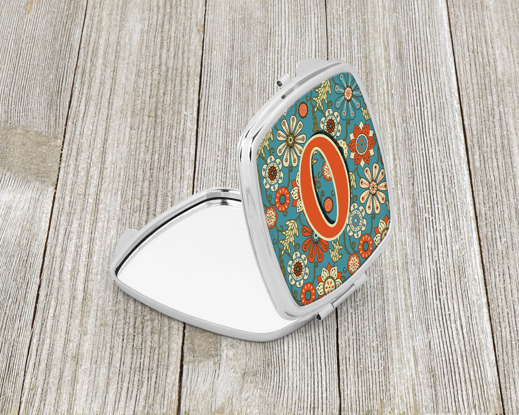 Letter O Flowers Retro Blue Compact Mirror Decorative Travel Makeup Mirror for Women Girls Gifts Pocket Makeup Mirror Folding Handheld