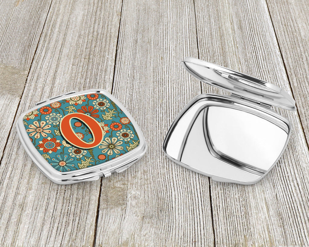 Letter O Flowers Retro Blue Compact Mirror Decorative Travel Makeup Mirror for Women Girls Gifts Pocket Makeup Mirror Folding Handheld
