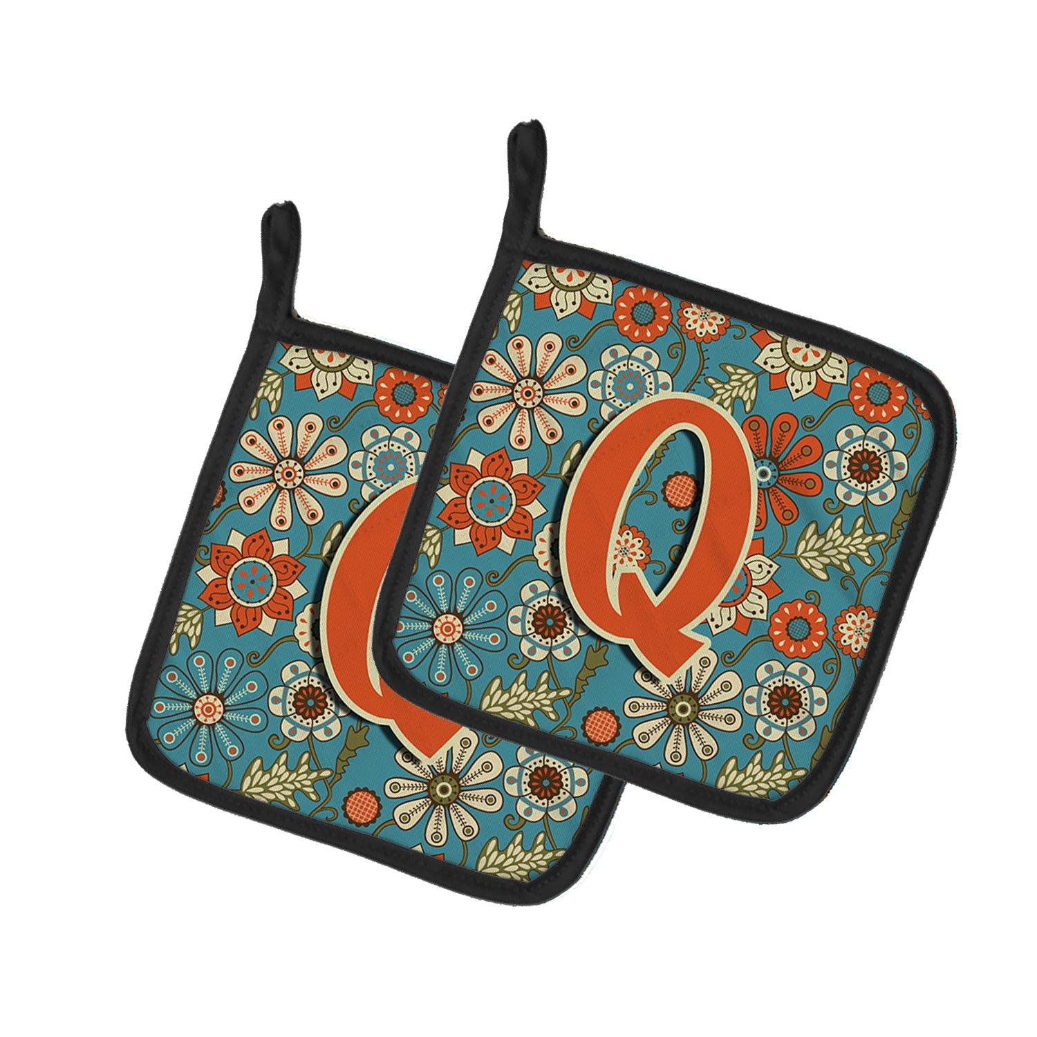 Letter Q Flowers Retro Blue Pot Holder Set of 2 Heat Resistant Quilted Hot Pads 7.5 x 7.5 Inch, Insulated Kitchen Trivets for Cooking & Baking