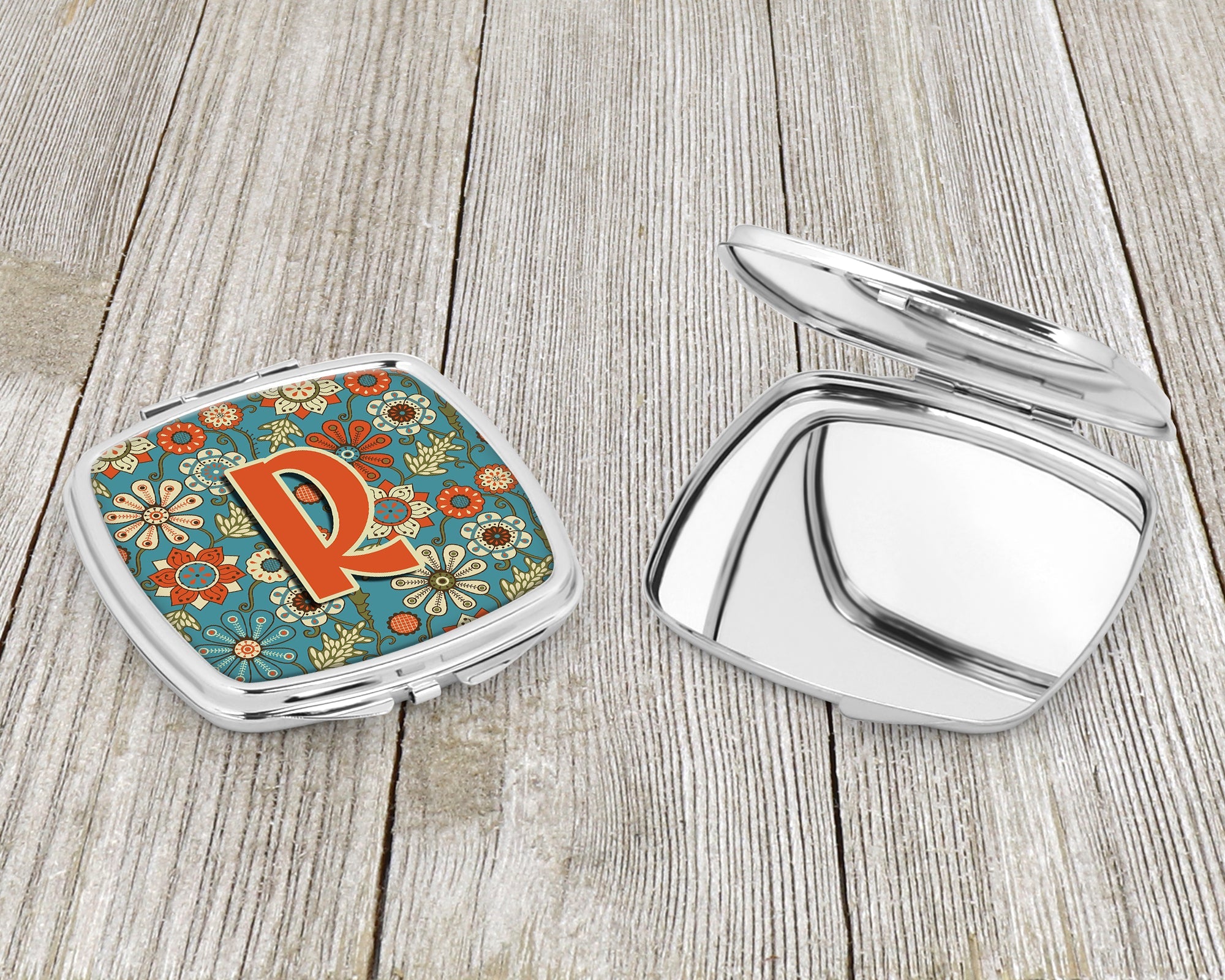Letter R Flowers Retro Blue Compact Mirror Decorative Travel Makeup Mirror for Women Girls Gifts Pocket Makeup Mirror Folding Handheld