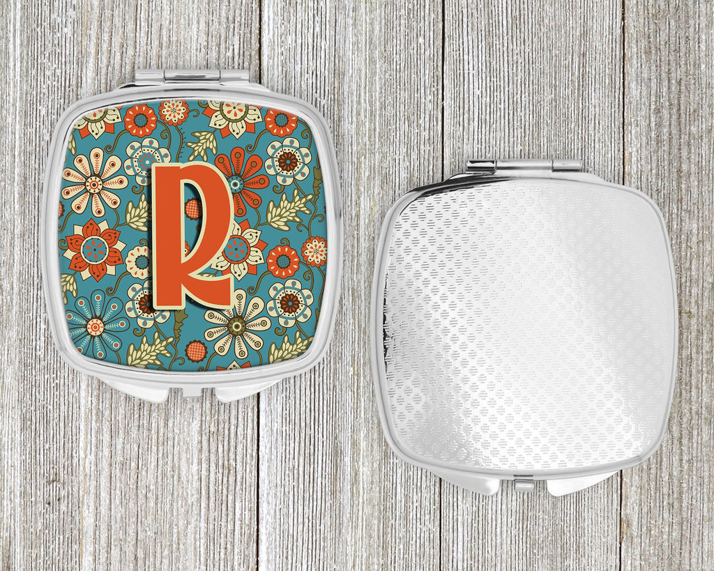 Letter R Flowers Retro Blue Compact Mirror Decorative Travel Makeup Mirror for Women Girls Gifts Pocket Makeup Mirror Folding Handheld