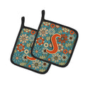 Letter S Flowers Retro Blue Pot Holder Set of 2 Heat Resistant Quilted Hot Pads 7.5 x 7.5 Inch, Insulated Kitchen Trivets for Cooking & Baking