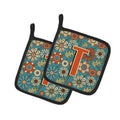 Letter T Flowers Retro Blue Pot Holder Set of 2 Heat Resistant Quilted Hot Pads 7.5 x 7.5 Inch, Insulated Kitchen Trivets for Cooking & Baking