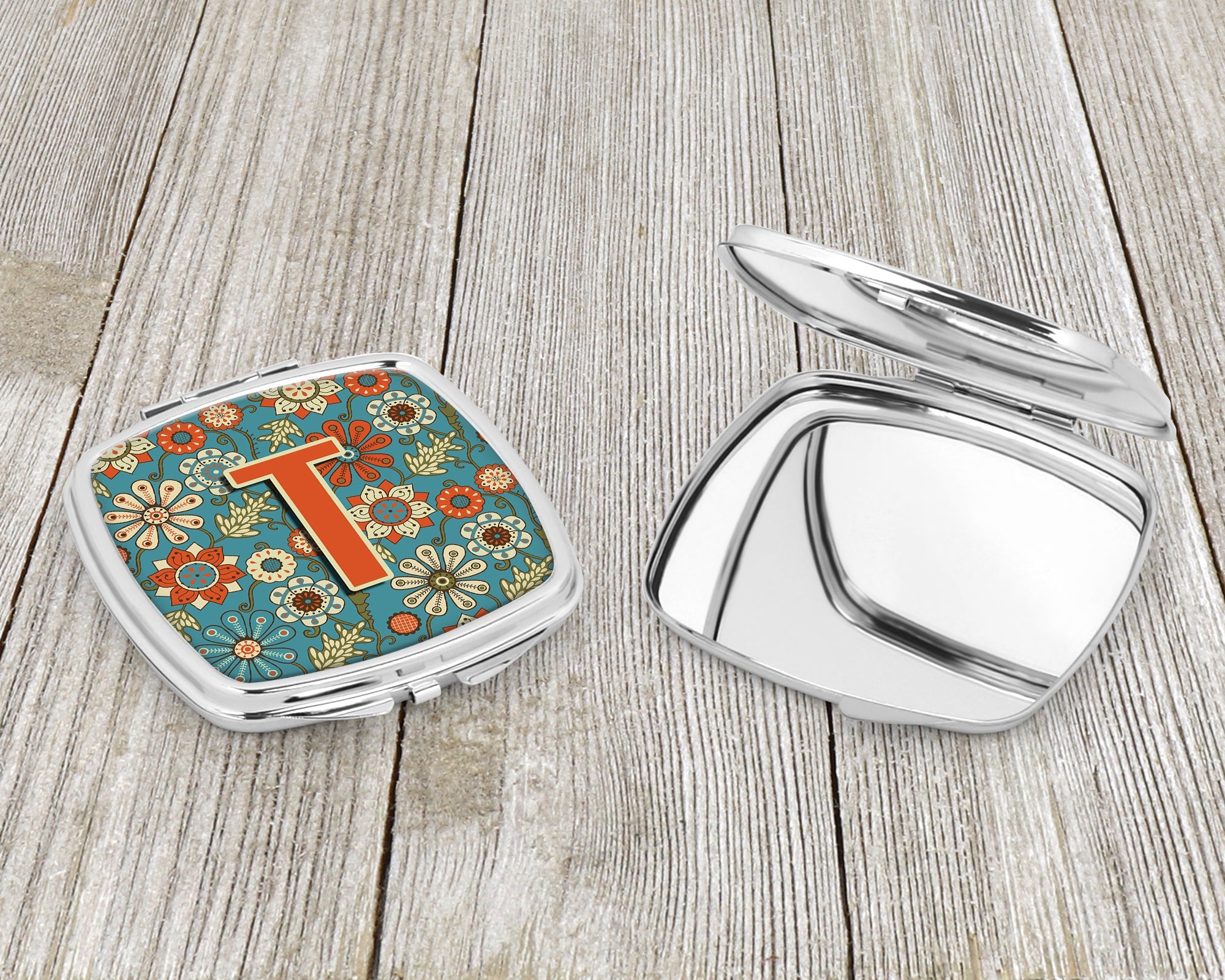 Letter T Flowers Retro Blue Compact Mirror Decorative Travel Makeup Mirror for Women Girls Gifts Pocket Makeup Mirror Folding Handheld