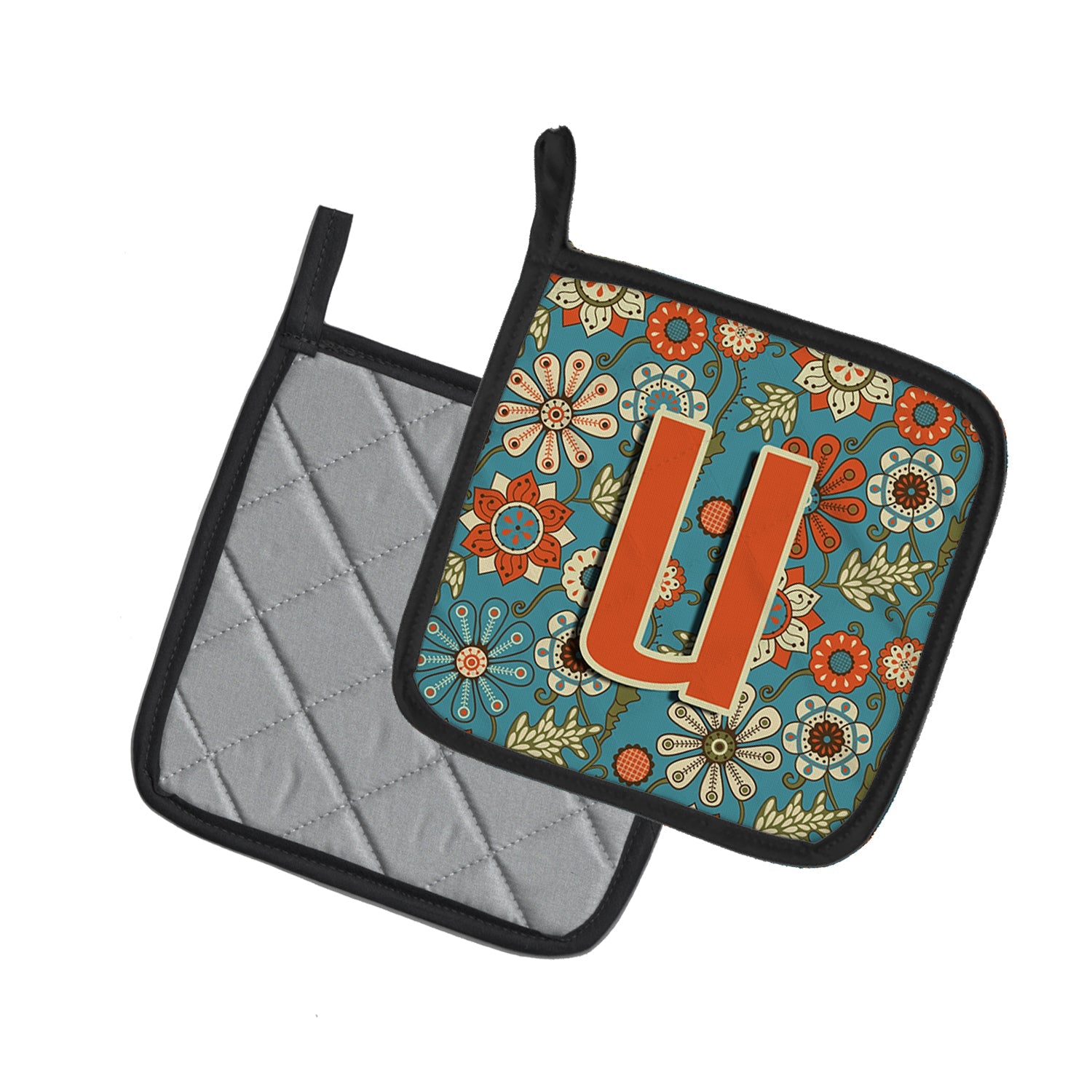 Letter U Flowers Retro Blue Pot Holder Set of 2 Heat Resistant Quilted Hot Pads 7.5 x 7.5 Inch, Insulated Kitchen Trivets for Cooking & Baking