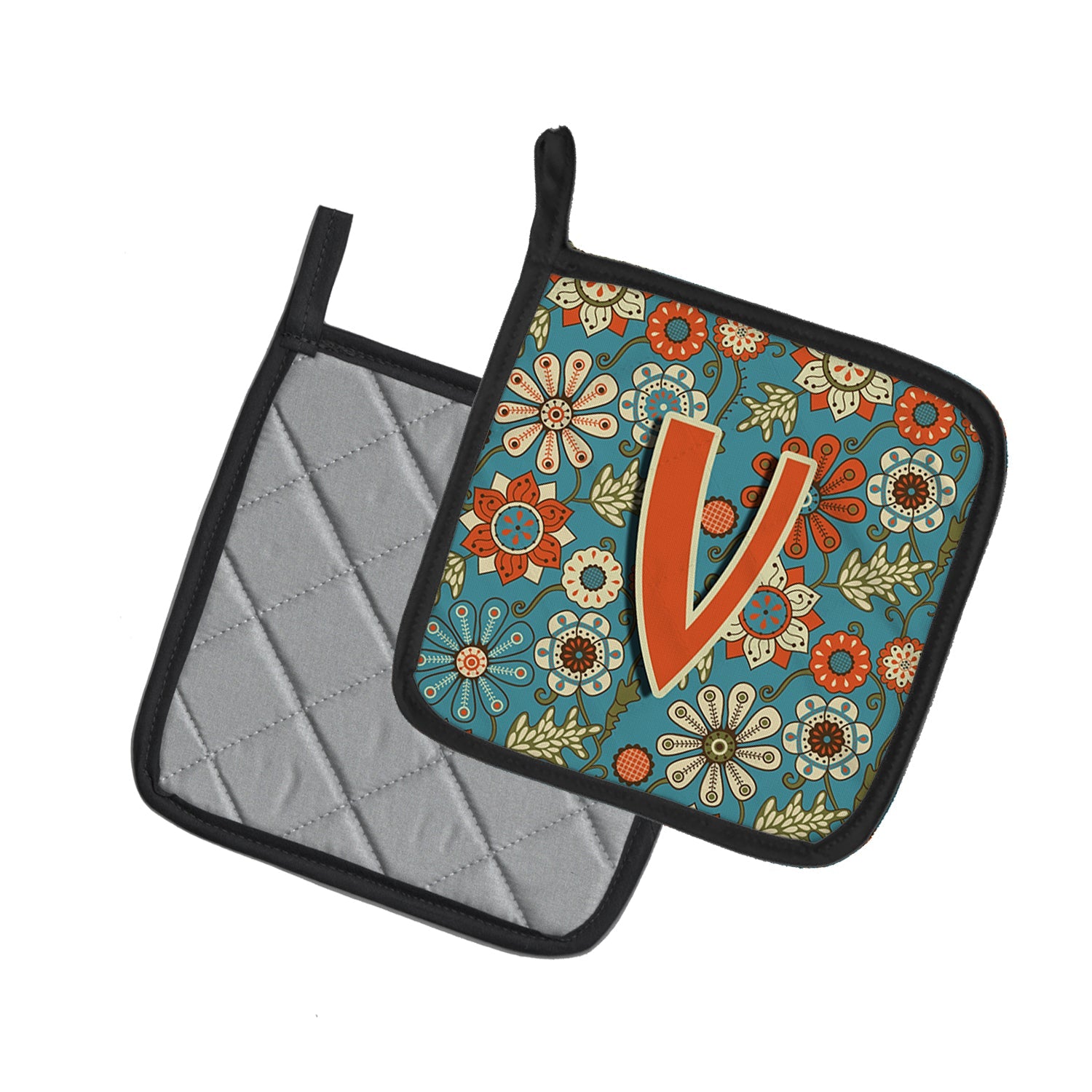Letter V Flowers Retro Blue Pot Holder Set of 2 Heat Resistant Quilted Hot Pads 7.5 x 7.5 Inch, Insulated Kitchen Trivets for Cooking & Baking