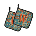 Letter W Flowers Retro Blue Pot Holder Set of 2 Heat Resistant Quilted Hot Pads 7.5 x 7.5 Inch, Insulated Kitchen Trivets for Cooking & Baking