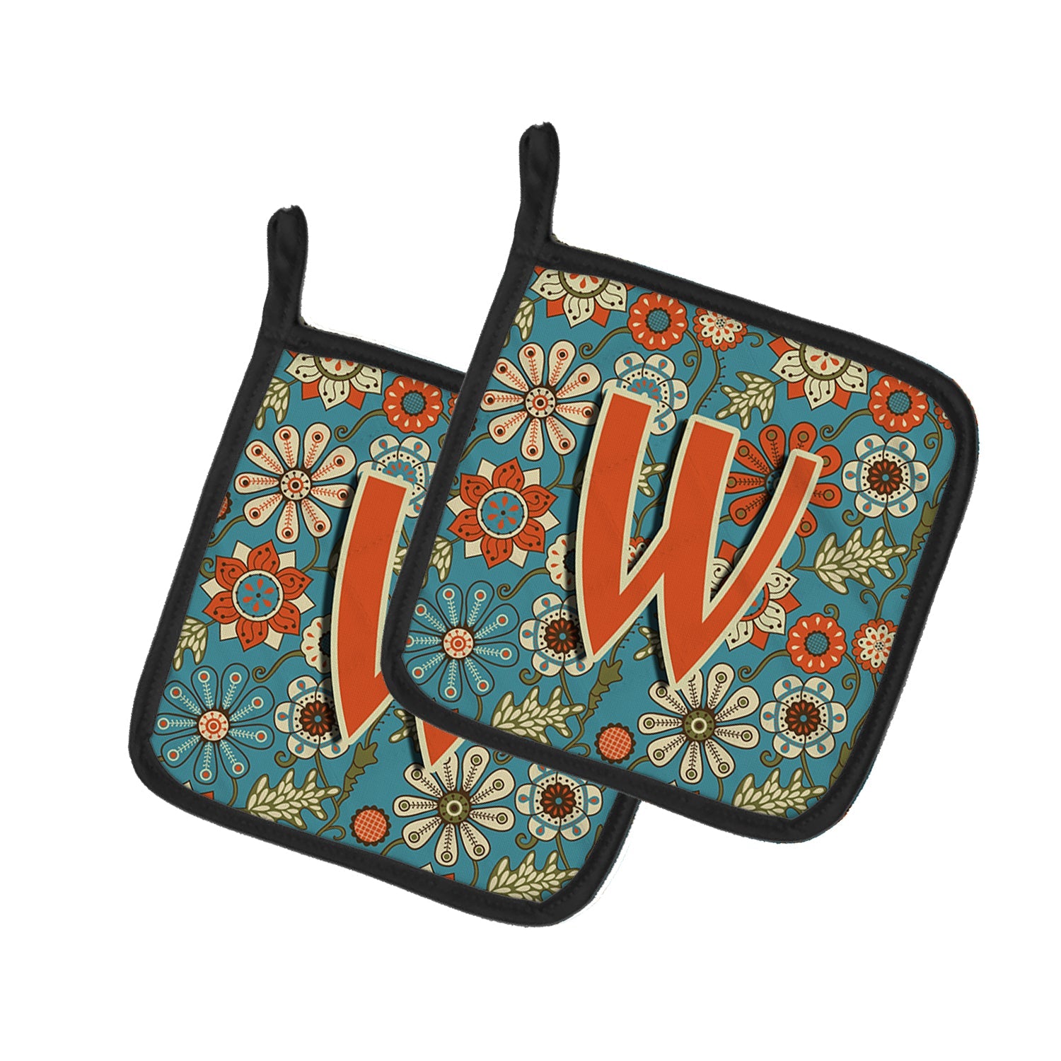 Letter W Flowers Retro Blue Pot Holder Set of 2 Heat Resistant Quilted Hot Pads 7.5 x 7.5 Inch, Insulated Kitchen Trivets for Cooking & Baking
