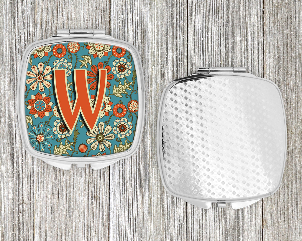 Letter W Flowers Retro Blue Compact Mirror Decorative Travel Makeup Mirror for Women Girls Gifts Pocket Makeup Mirror Folding Handheld