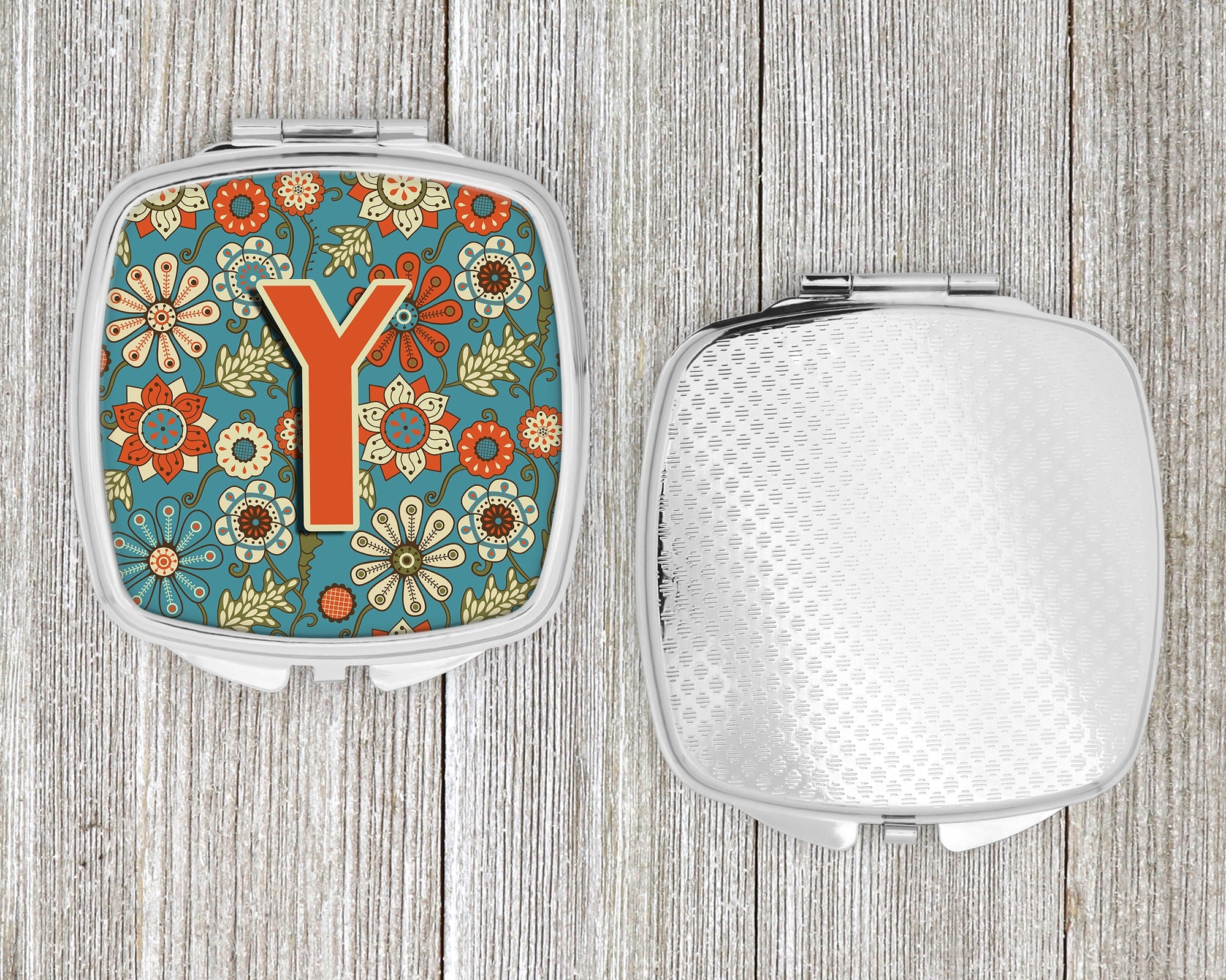 Letter Y Flowers Retro Blue Compact Mirror Decorative Travel Makeup Mirror for Women Girls Gifts Pocket Makeup Mirror Folding Handheld