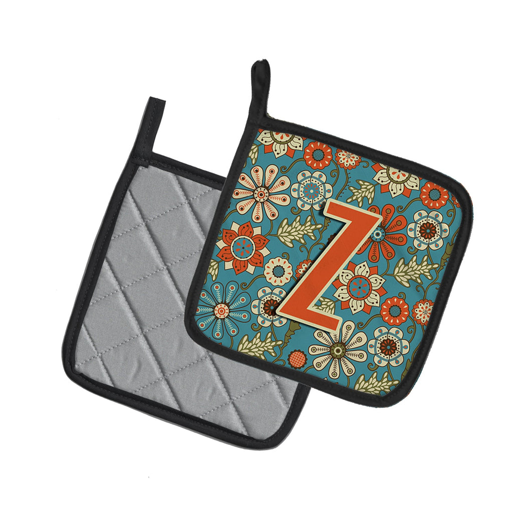 Letter Z Flowers Retro Blue Pot Holder Set of 2 Heat Resistant Quilted Hot Pads 7.5 x 7.5 Inch, Insulated Kitchen Trivets for Cooking & Baking
