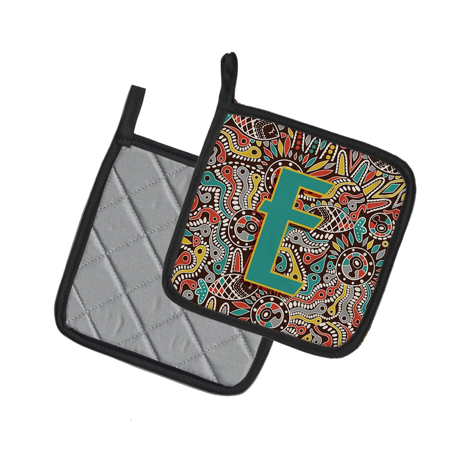 Letter E Retro Tribal Alphabet Initial Pot Holder Set of 2 Heat Resistant Quilted Hot Pads 7.5 x 7.5 Inch, Insulated Kitchen Trivets for Cooking & Baking