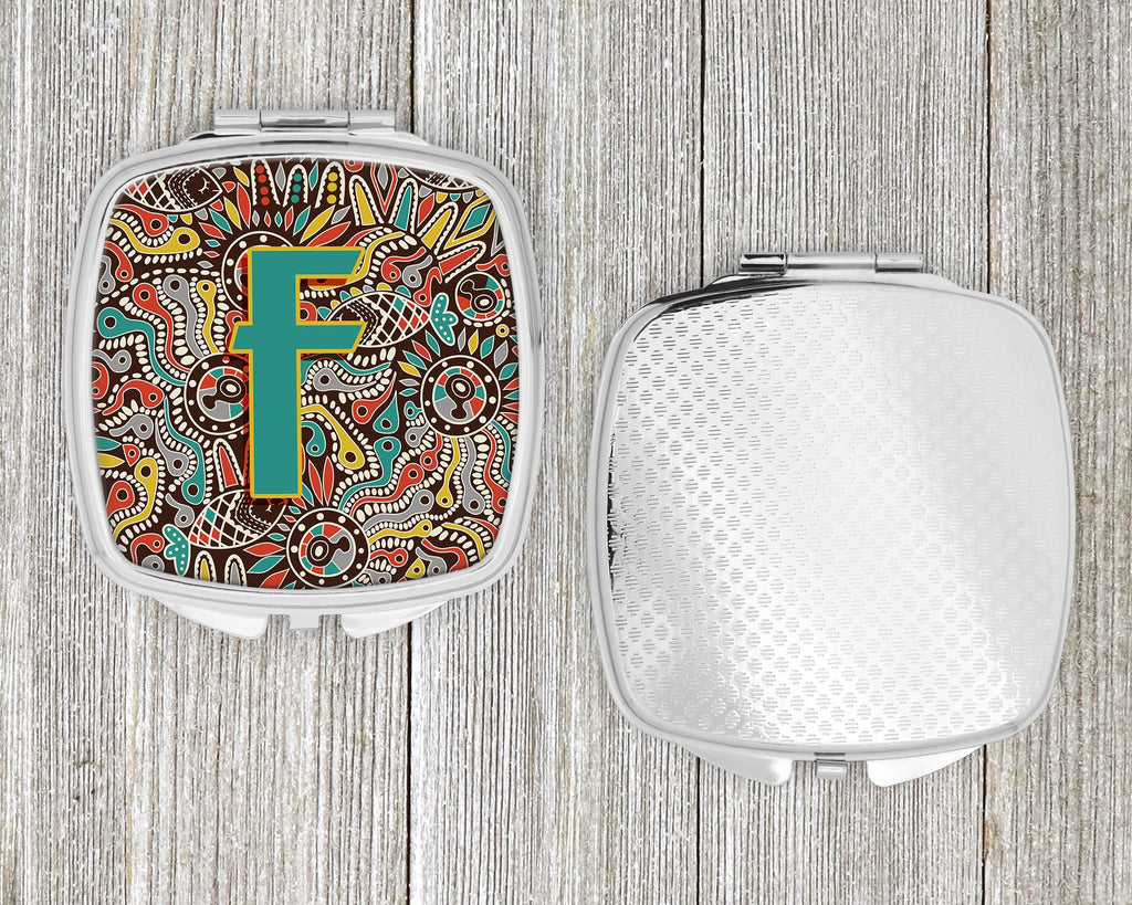 Letter F Retro Tribal Alphabet Initial Compact Mirror Decorative Travel Makeup Mirror for Women Girls Gifts Pocket Makeup Mirror Folding Handheld