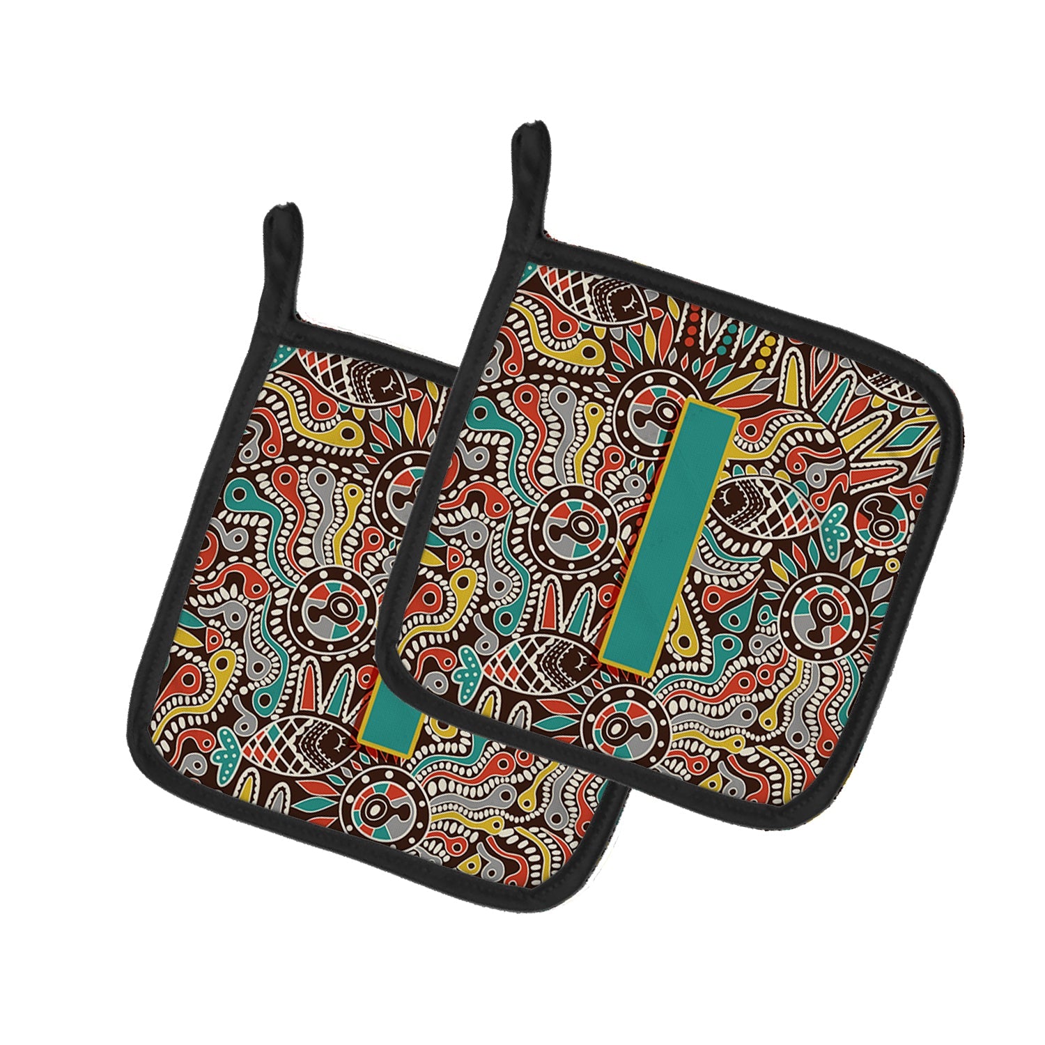Letter I Retro Tribal Alphabet Initial Pot Holder Set of 2 Heat Resistant Quilted Hot Pads 7.5 x 7.5 Inch, Insulated Kitchen Trivets for Cooking & Baking