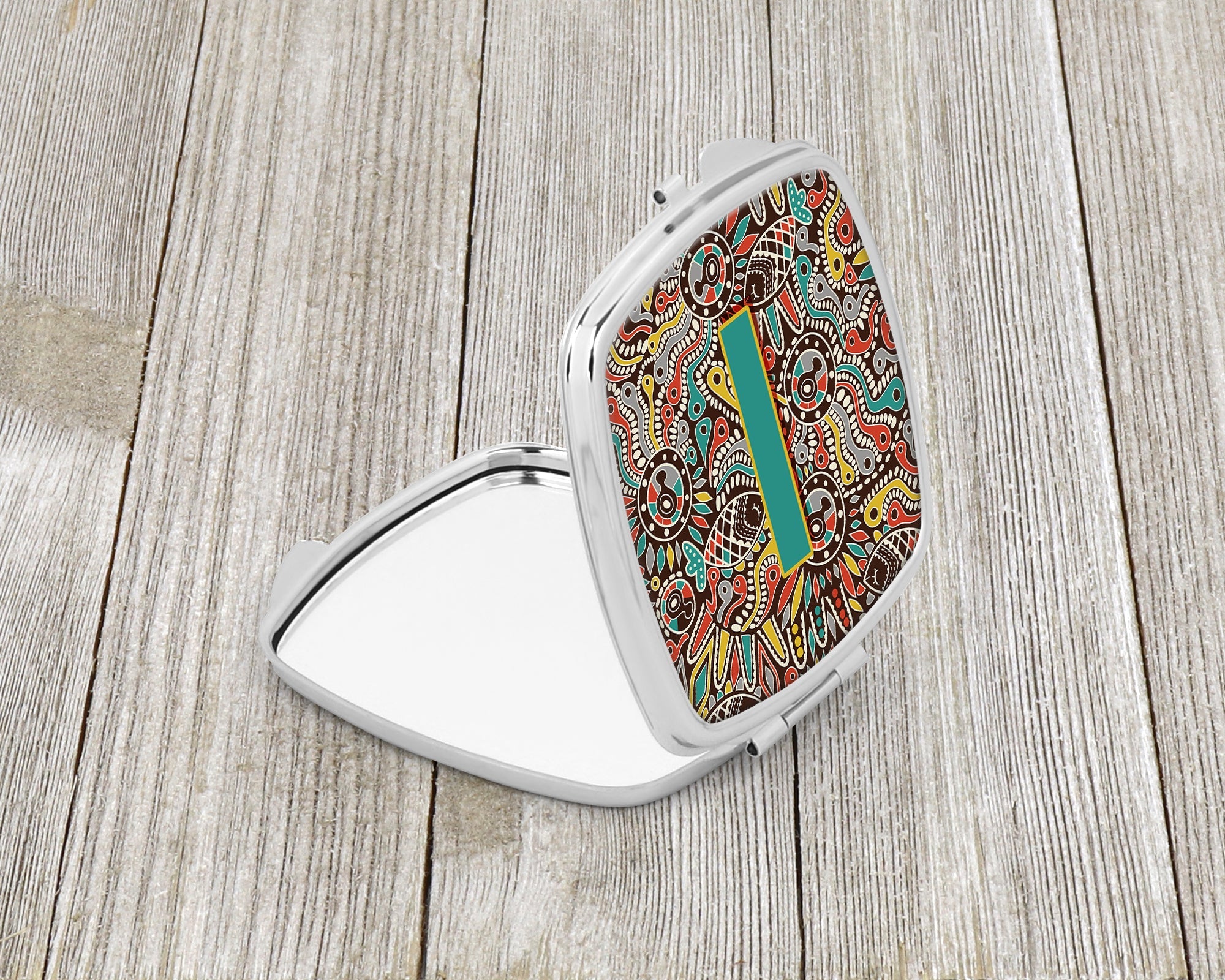 Letter I Retro Tribal Alphabet Initial Compact Mirror Decorative Travel Makeup Mirror for Women Girls Gifts Pocket Makeup Mirror Folding Handheld