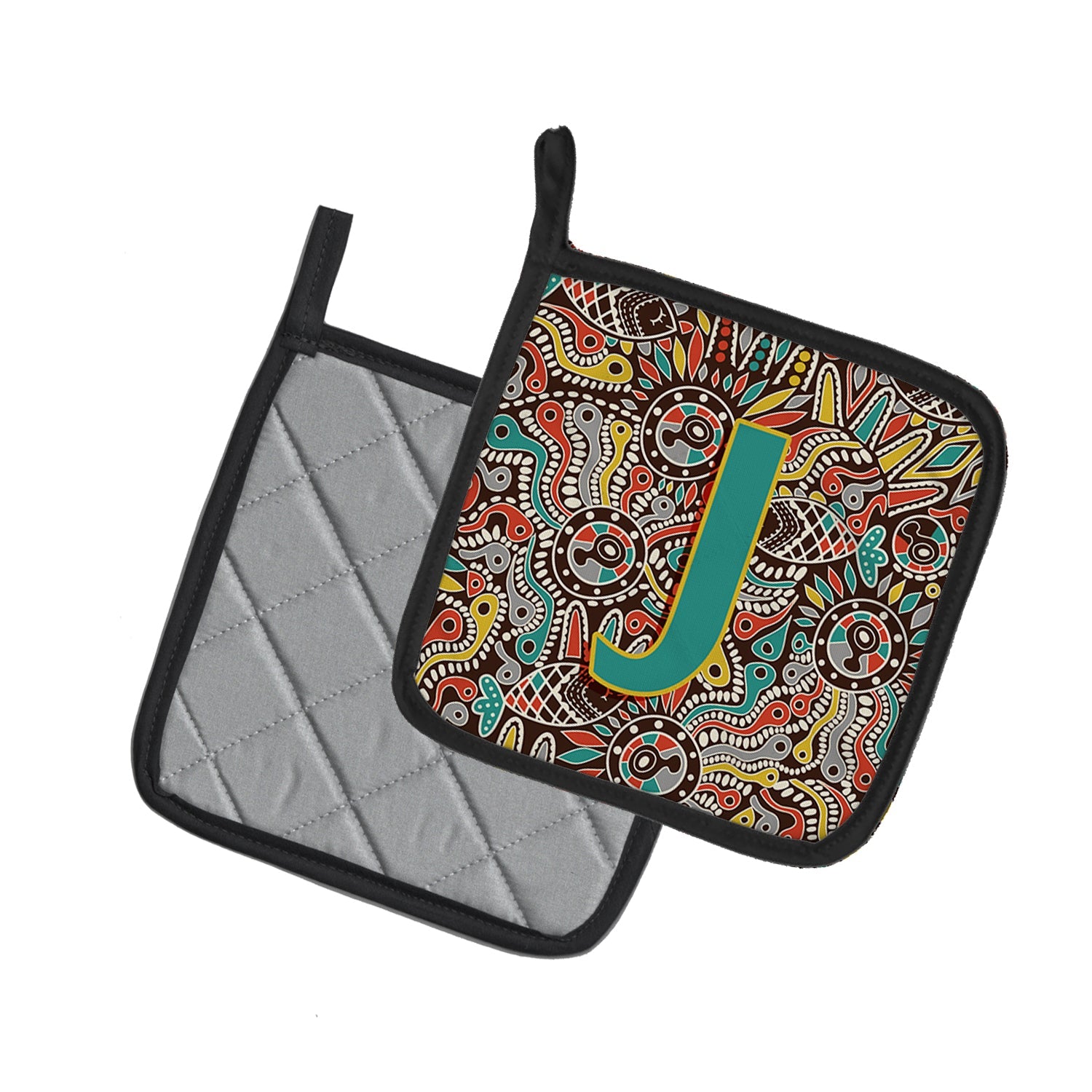 Letter J Retro Tribal Alphabet Initial Pot Holder Set of 2 Heat Resistant Quilted Hot Pads 7.5 x 7.5 Inch, Insulated Kitchen Trivets for Cooking & Baking