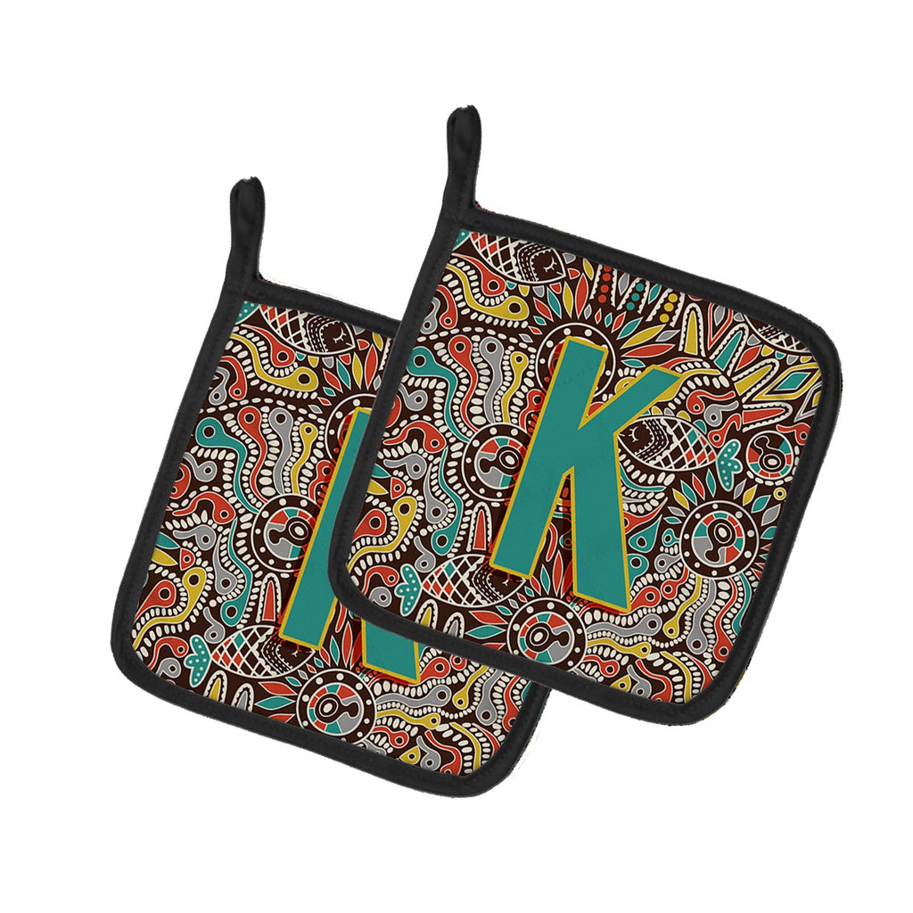 Letter K Retro Tribal Alphabet Initial Pot Holder Set of 2 Heat Resistant Quilted Hot Pads 7.5 x 7.5 Inch, Insulated Kitchen Trivets for Cooking & Baking