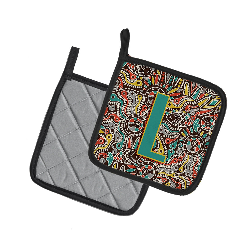 Letter L Retro Tribal Alphabet Initial Pot Holder Set of 2 Heat Resistant Quilted Hot Pads 7.5 x 7.5 Inch, Insulated Kitchen Trivets for Cooking & Baking