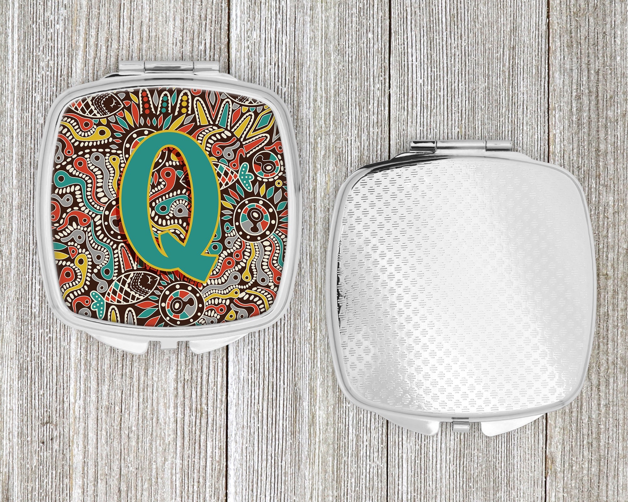 Letter Q Retro Tribal Alphabet Initial Compact Mirror Decorative Travel Makeup Mirror for Women Girls Gifts Pocket Makeup Mirror Folding Handheld